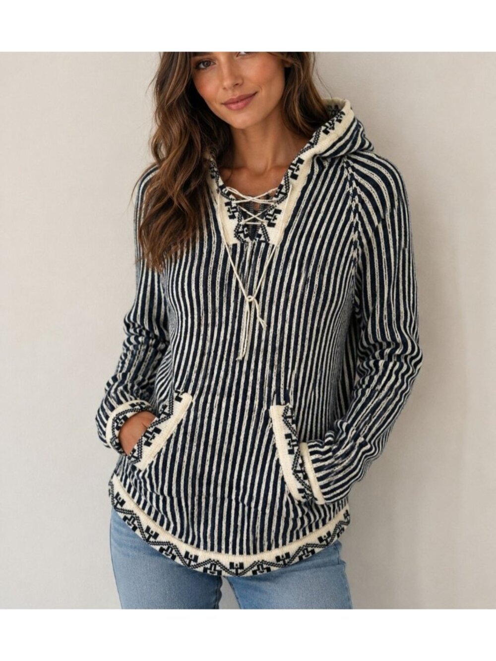 Unbranded Blue White Native American Themed Striped Long Sleeve Hoodie Sweater